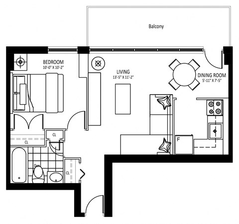 Floor plan for 1 bed, 1 bath, 485 sqft